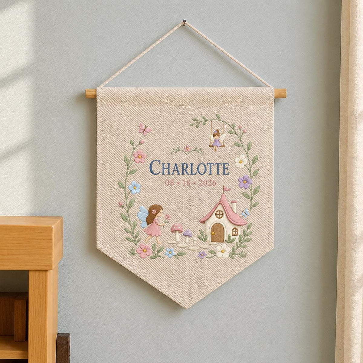 Personalized Fairy Garden Wall Hanging, Charlotte Name Embroidery Banner, Mushroom House and Swing Decor, Woodland Nursery Gift