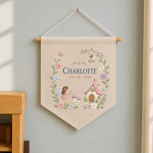 Personalized Fairy Garden Wall Hanging, Charlotte Name Embroidery Banner, Mushroom House and Swing Decor, Woodland Nursery Gift