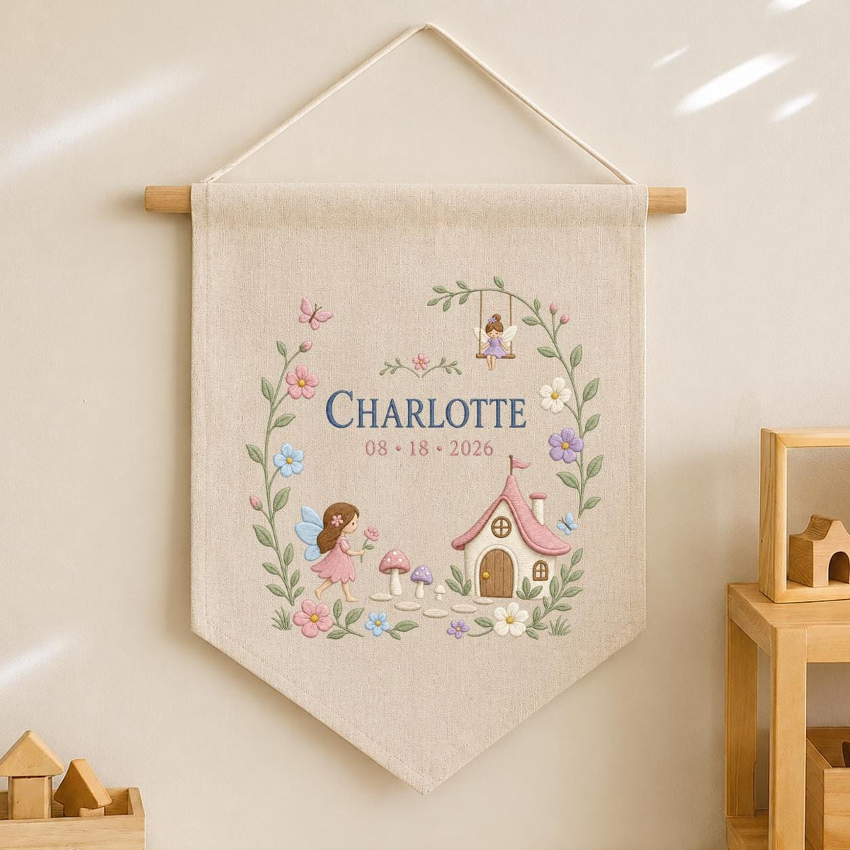Personalized Fairy Garden Wall Hanging, Charlotte Name Embroidery Banner, Mushroom House and Swing Decor, Woodland Nursery Gift