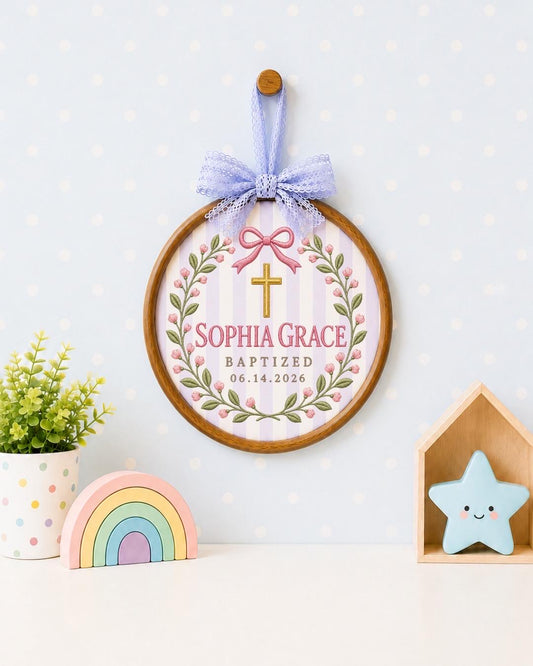 Personalized Baptism Embroidered Ornament, Custom Baby Name Christening Gift, Floral Cross Keepsake, Baby Girl Baptism Decor