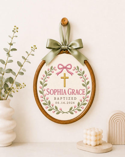 Personalized Baptism Embroidered Ornament, Custom Baby Name Christening Gift, Floral Cross Keepsake, Baby Girl Baptism Decor