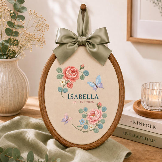 Personalized Rose Embroidery Hoop, Isabella Name and Date Ornament, Floral Butterfly Oval Wall Hanging, Romantic Nursery Gift