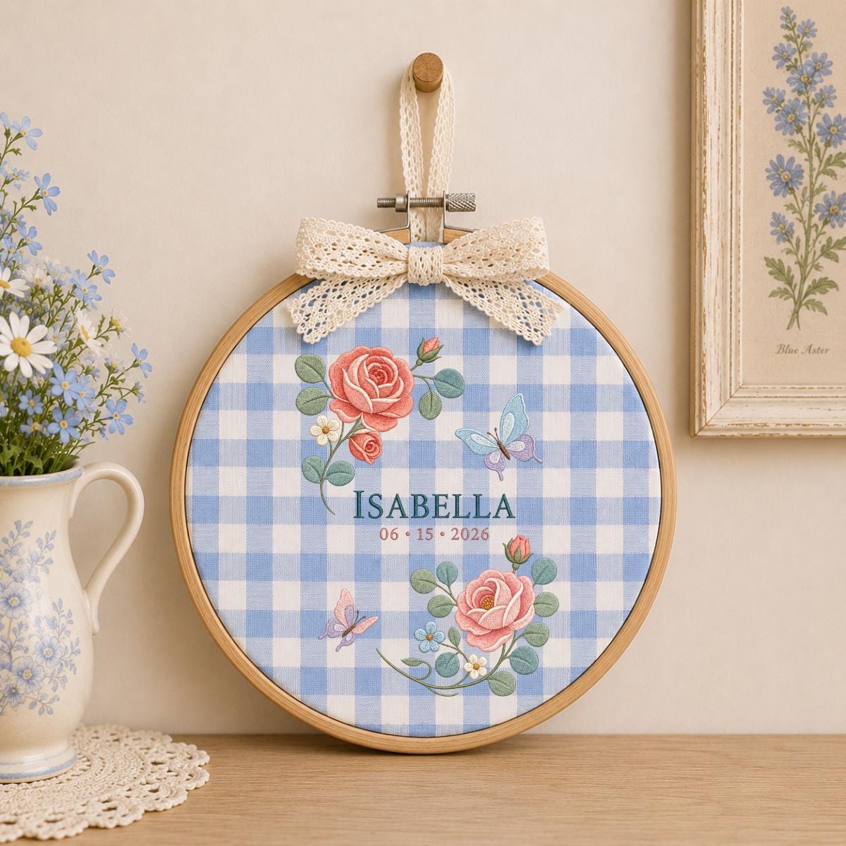 Personalized Rose Embroidery Hoop, Isabella Name and Date Ornament, Floral Butterfly Oval Wall Hanging, Romantic Nursery Gift