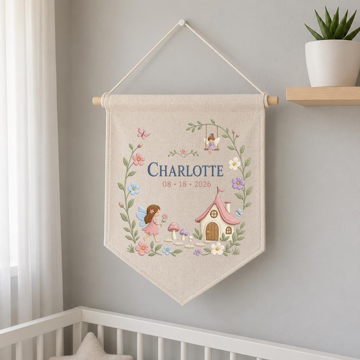 Personalized Woodland Pennant, Charlotte Fairy Garden Embroidery, Mushroom Cottage and Floral Banner, Custom Nursery Wall Decor