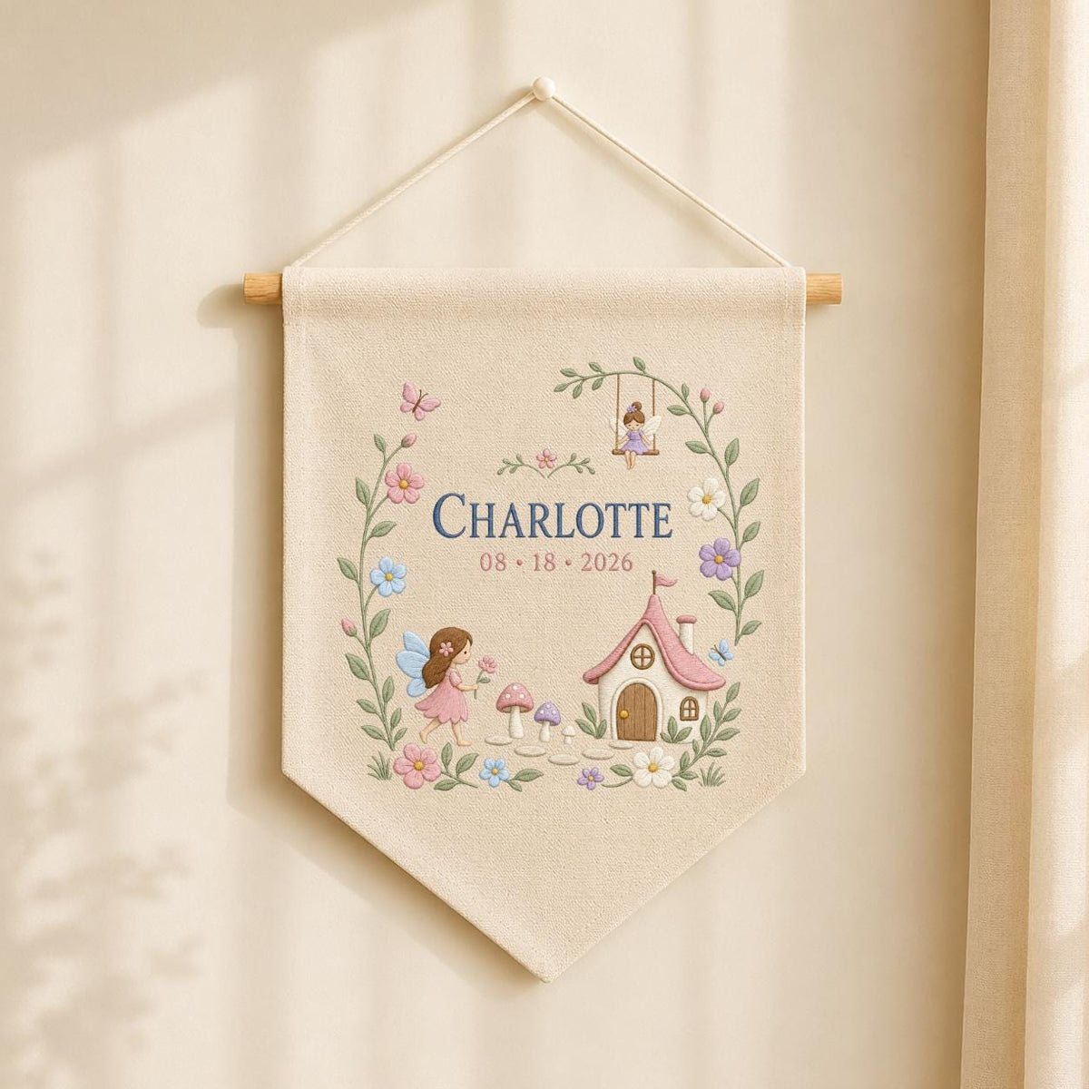 Personalized Woodland Pennant, Charlotte Fairy Garden Embroidery, Mushroom Cottage and Floral Banner, Custom Nursery Wall Decor