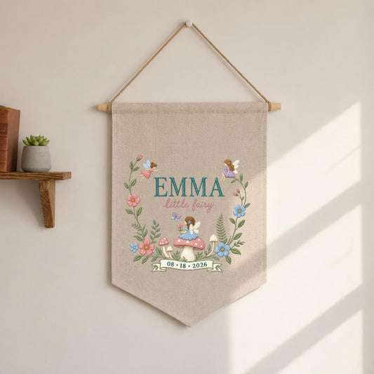 Personalized Fairy Embroidery Banner, Emma Name Wall Decor, Mushroom House and Flower Pennant, Cottagecore Baby Shower Gift