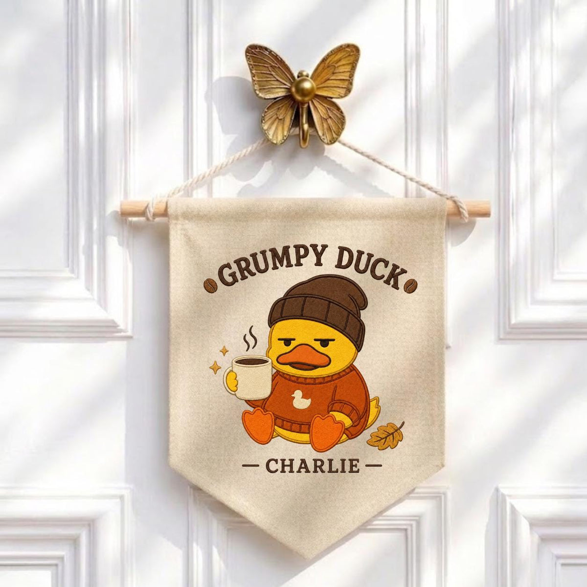 Personalized Grumpy Duck Banner, Charlie Coffee Embroidery Wall Hanging, Funny Farmhouse Decor, Cute Animal Pennant, Custom Gift