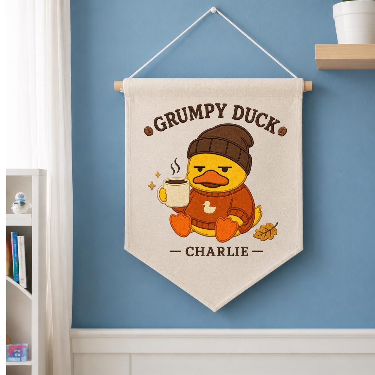 Personalized Grumpy Duck Banner, Charlie Coffee Embroidery Wall Hanging, Funny Farmhouse Decor, Cute Animal Pennant, Custom Gift