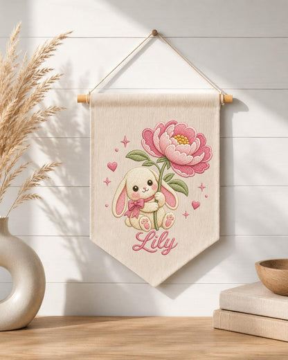 Personalized Bunny Floral Wall Hanging, Custom Name Embroidered Banner, Pink Flower Rabbit Nursery Decor, Baby Girl Room Gift