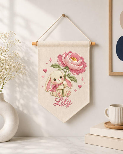 Personalized Bunny Floral Wall Hanging, Custom Name Embroidered Banner, Pink Flower Rabbit Nursery Decor, Baby Girl Room Gift