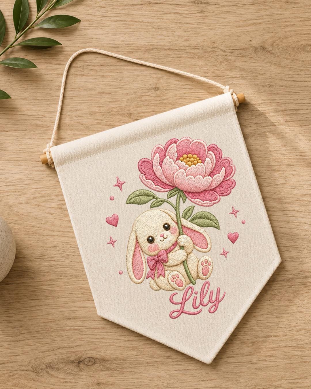 Personalized Bunny Floral Wall Hanging, Custom Name Embroidered Banner, Pink Flower Rabbit Nursery Decor, Baby Girl Room Gift