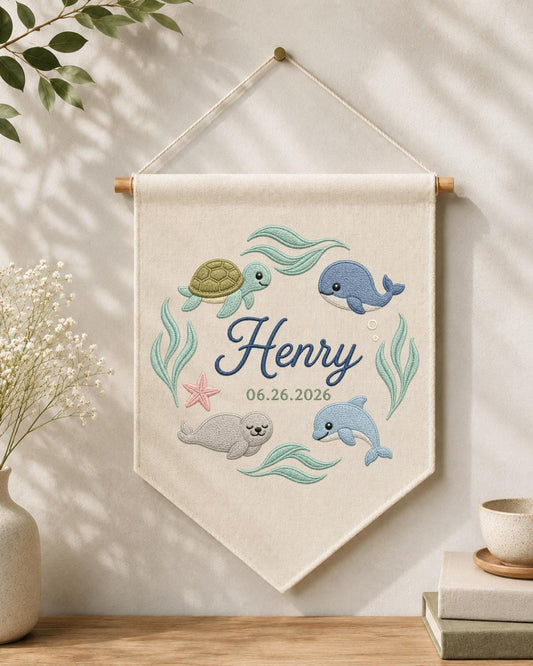 Personalized Ocean Nursery Wall Hanging, Custom Name Embroidered Banner, Sea Animal Baby Boy Room Decor, Whale Turtle Dolphin Nursery Gift