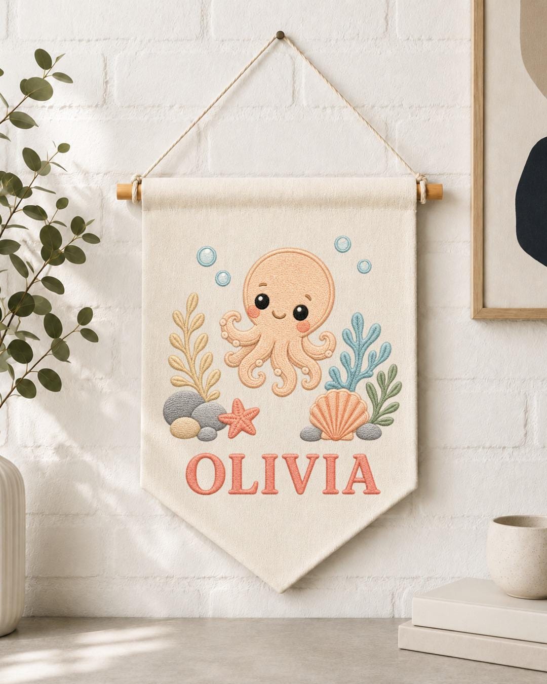 Personalized Octopus Nursery Wall Hanging, Custom Name Embroidered Banner, Under the Sea Baby Girl Room Decor, Ocean Nursery Gift