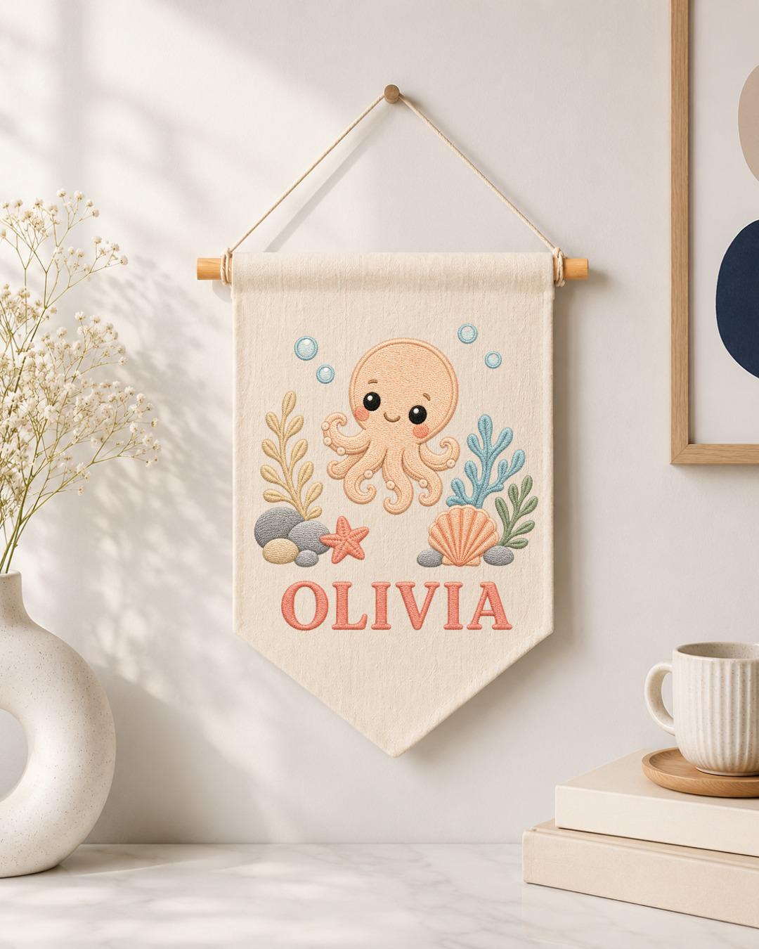 Personalized Octopus Nursery Wall Hanging, Custom Name Embroidered Banner, Under the Sea Baby Girl Room Decor, Ocean Nursery Gift