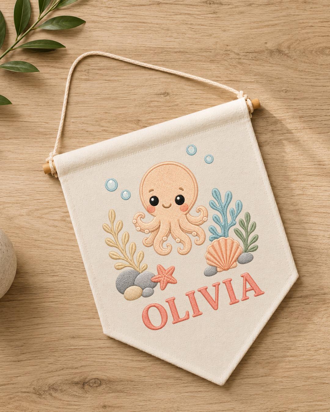 Personalized Octopus Nursery Wall Hanging, Custom Name Embroidered Banner, Under the Sea Baby Girl Room Decor, Ocean Nursery Gift