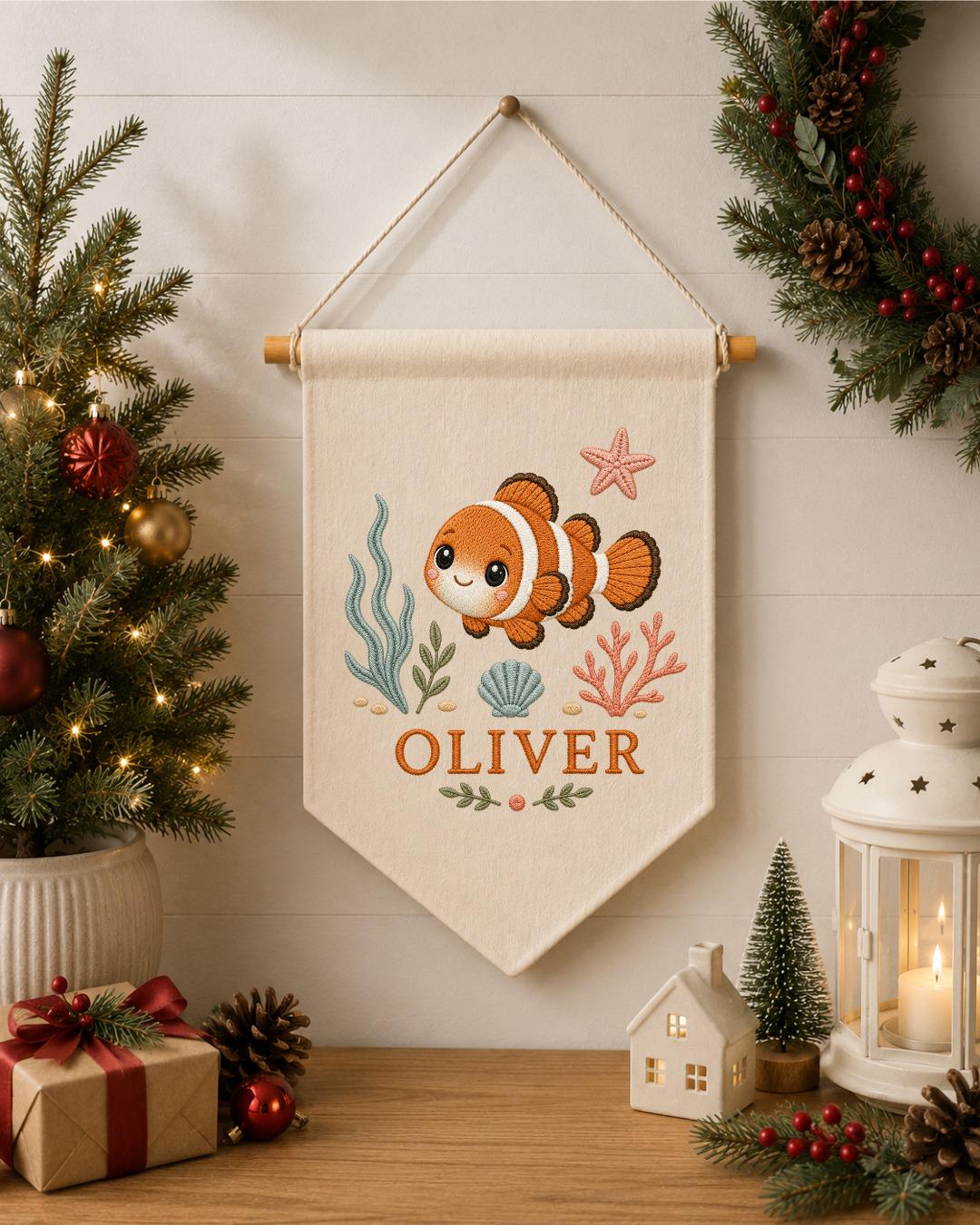 Personalized Clownfish Nursery Wall Hanging, Custom Name Embroidered Banner, Ocean Baby Room Decor, Under the Sea Nursery Gift