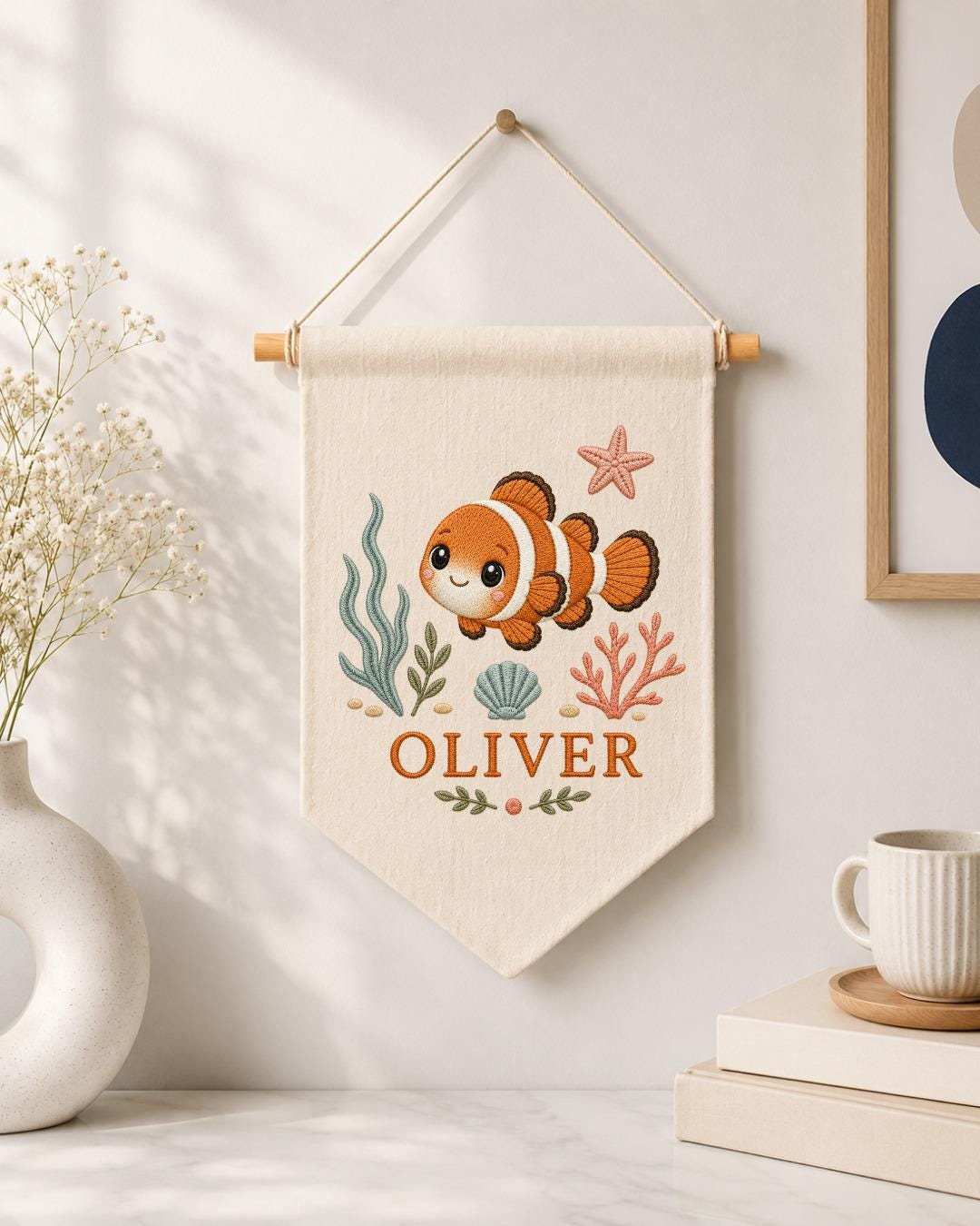 Personalized Clownfish Nursery Wall Hanging, Custom Name Embroidered Banner, Ocean Baby Room Decor, Under the Sea Nursery Gift