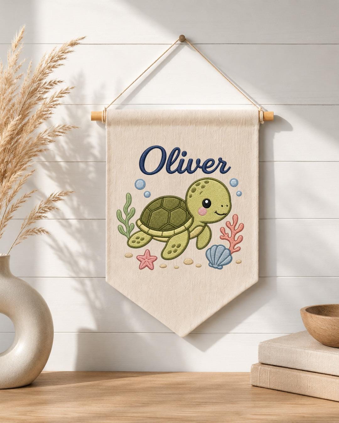 Personalized Sea Turtle Nursery Wall Hanging, Custom Name Embroidered Banner, Ocean Baby Room Decor, Under the Sea Nursery Gift
