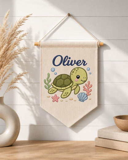 Personalized Sea Turtle Nursery Wall Hanging, Custom Name Embroidered Banner, Ocean Baby Room Decor, Under the Sea Nursery Gift