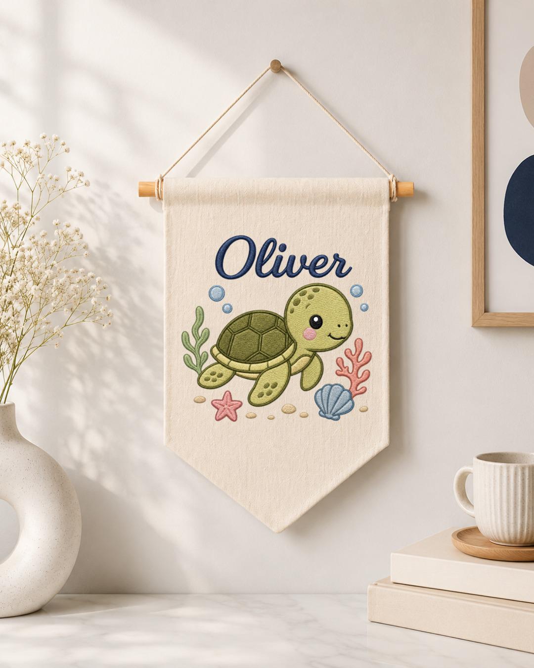 Personalized Sea Turtle Nursery Wall Hanging, Custom Name Embroidered Banner, Ocean Baby Room Decor, Under the Sea Nursery Gift