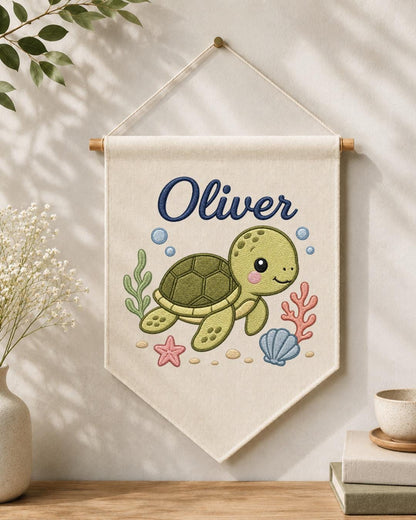 Personalized Sea Turtle Nursery Wall Hanging, Custom Name Embroidered Banner, Ocean Baby Room Decor, Under the Sea Nursery Gift