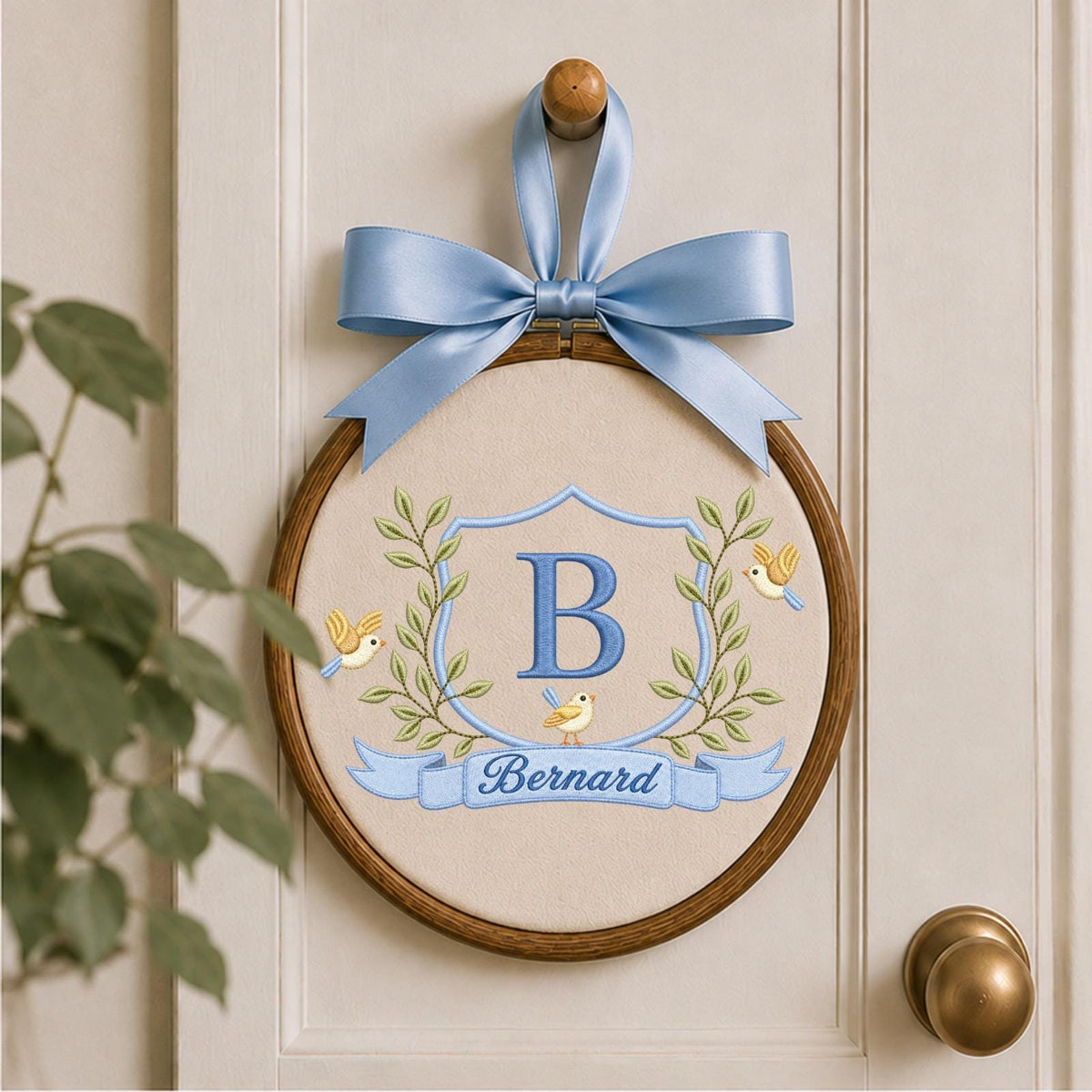 Personalized Monogram Embroidered Ornament, Custom Baby Boy Name Hoop, Initial Crest Nursery Decor, Bird Baby Keepsake, Newborn Gift