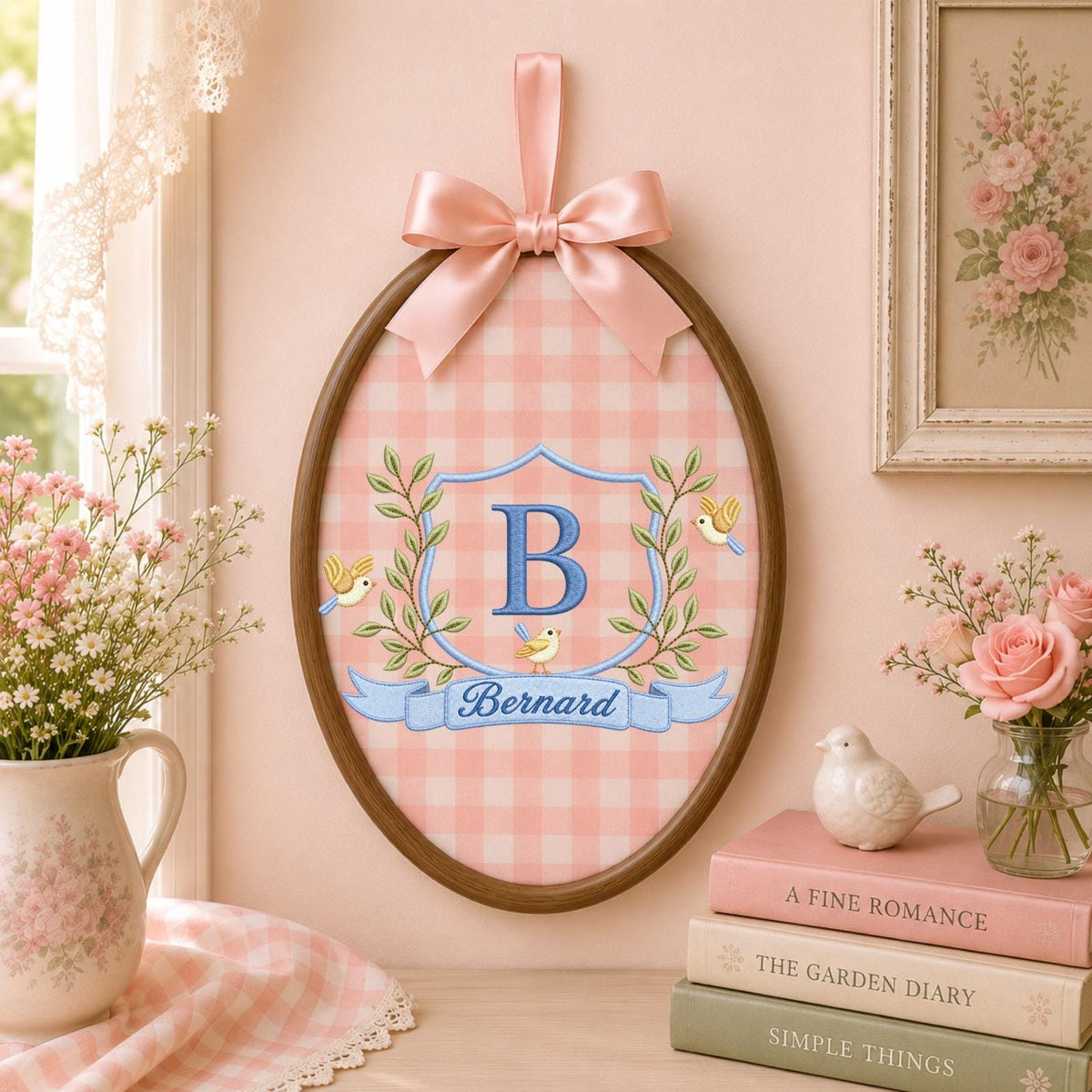 Personalized Monogram Embroidered Ornament, Custom Baby Boy Name Hoop, Initial Crest Nursery Decor, Bird Baby Keepsake, Newborn Gift