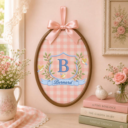 Personalized Monogram Embroidered Ornament, Custom Baby Boy Name Hoop, Initial Crest Nursery Decor, Bird Baby Keepsake, Newborn Gift