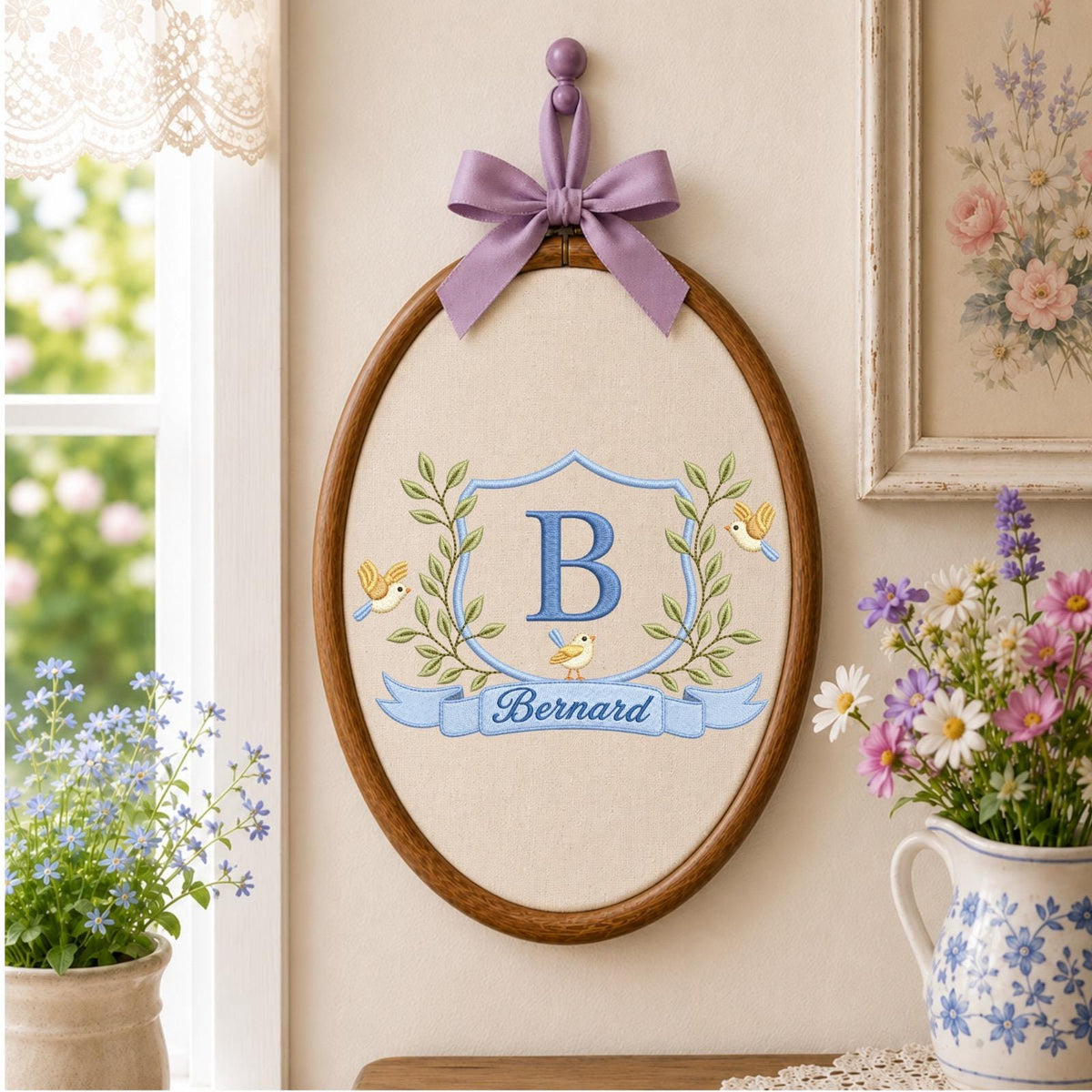 Personalized Monogram Embroidered Ornament, Custom Baby Boy Name Hoop, Initial Crest Nursery Decor, Bird Baby Keepsake, Newborn Gift