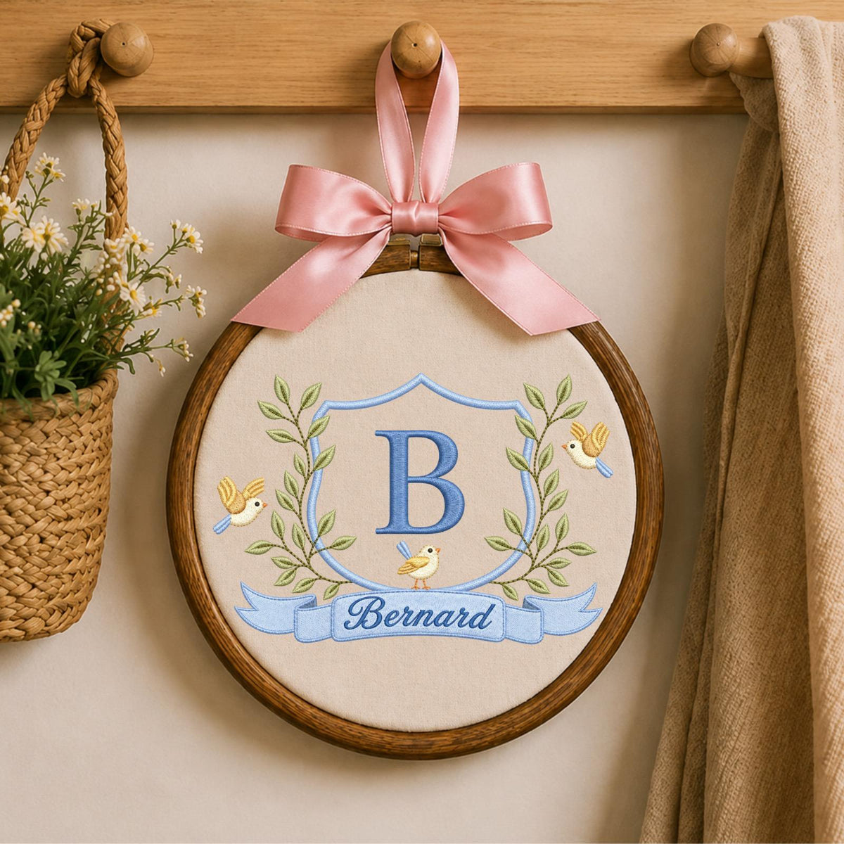 Personalized Monogram Embroidered Ornament, Custom Baby Boy Name Hoop, Initial Crest Nursery Decor, Bird Baby Keepsake, Newborn Gift