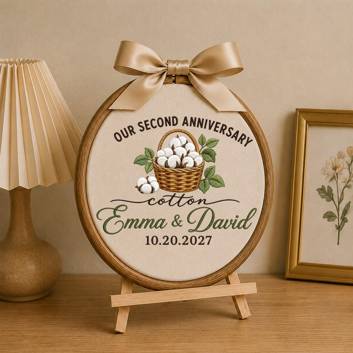 Personalized 2nd Anniversary Embroidered Ornament, Cotton Anniversary Gift for Couple, Custom Names Wedding Keepsake, Second Anniversary