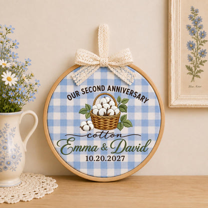 Personalized 2nd Anniversary Embroidered Ornament, Cotton Anniversary Gift for Couple, Custom Names Wedding Keepsake, Second Anniversary