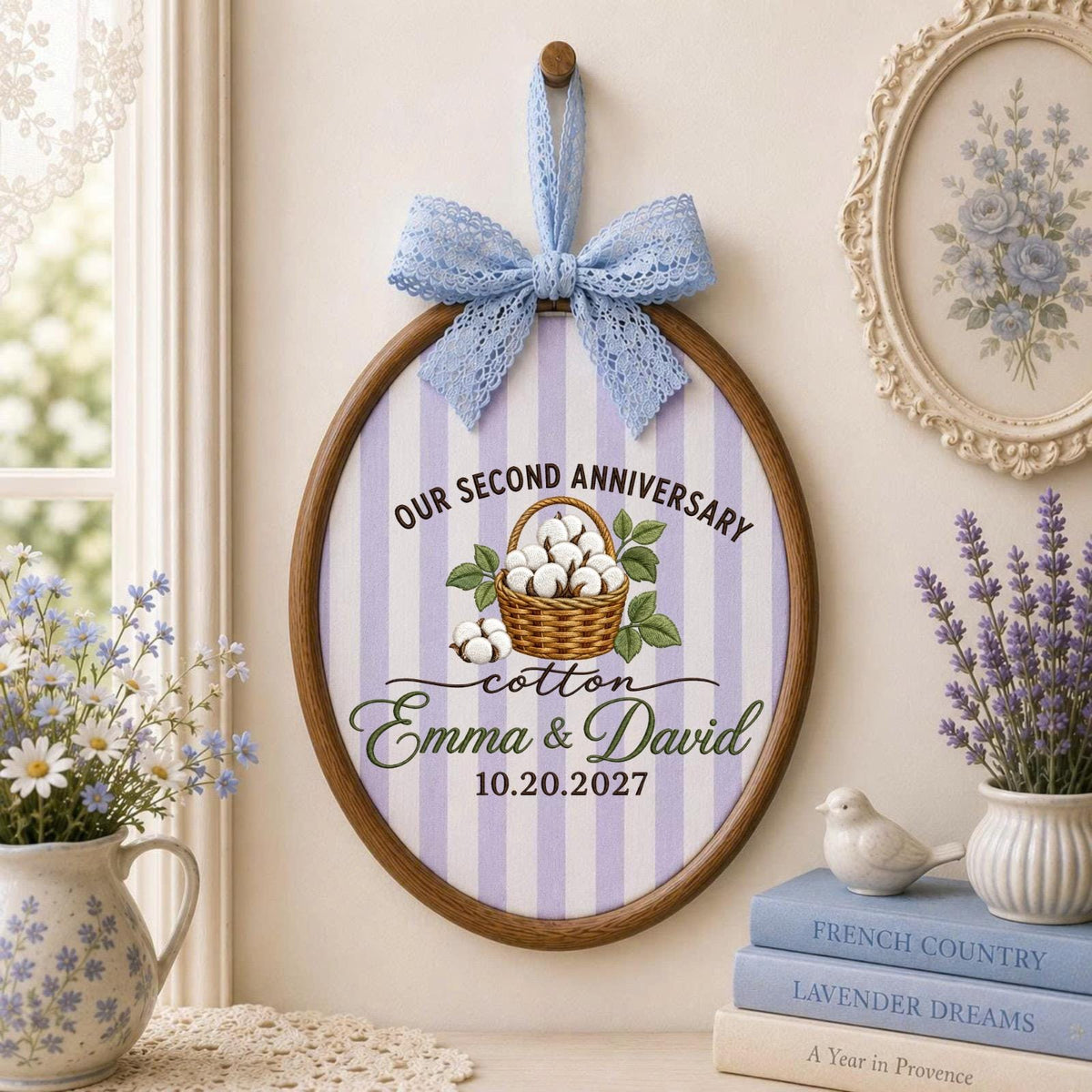 Personalized 2nd Anniversary Embroidered Ornament, Cotton Anniversary Gift for Couple, Custom Names Wedding Keepsake, Second Anniversary