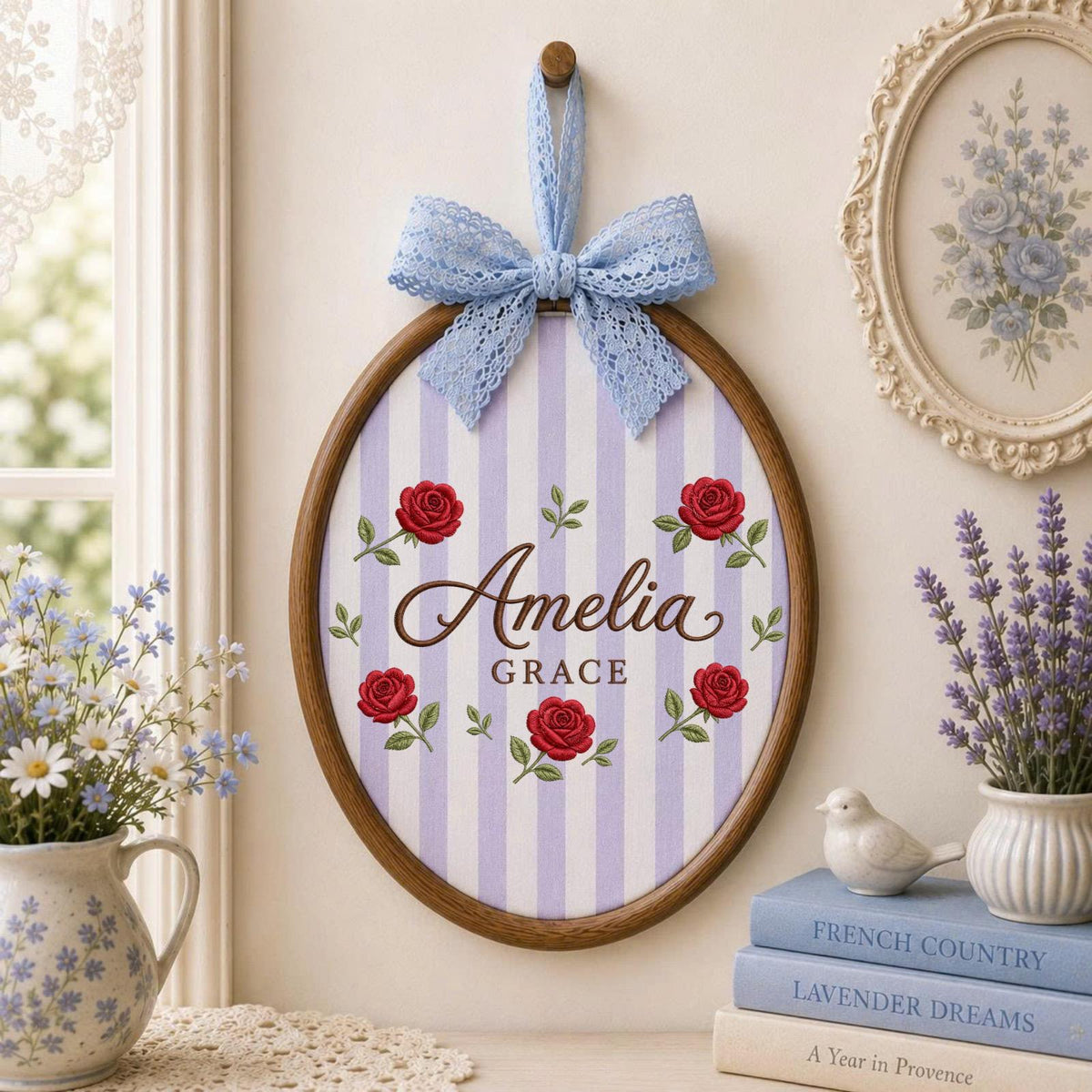 Personalized Rose Name Embroidered Ornament, Custom Floral Baby Name Hoop, Red Rose Nursery Decor, Personalized Girl Keepsake, Baby Shower
