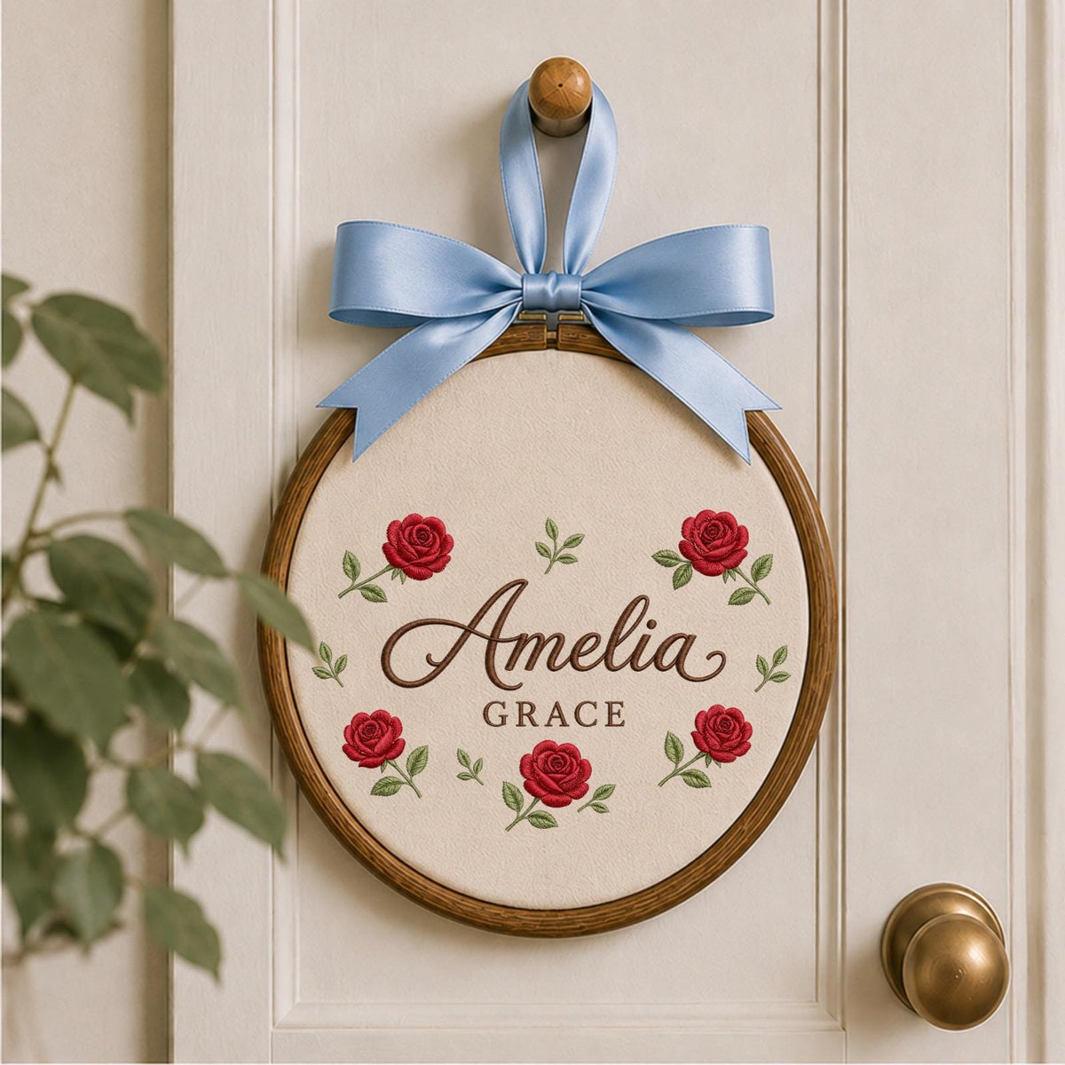 Personalized Rose Name Embroidered Ornament, Custom Floral Baby Name Hoop, Red Rose Nursery Decor, Personalized Girl Keepsake, Baby Shower