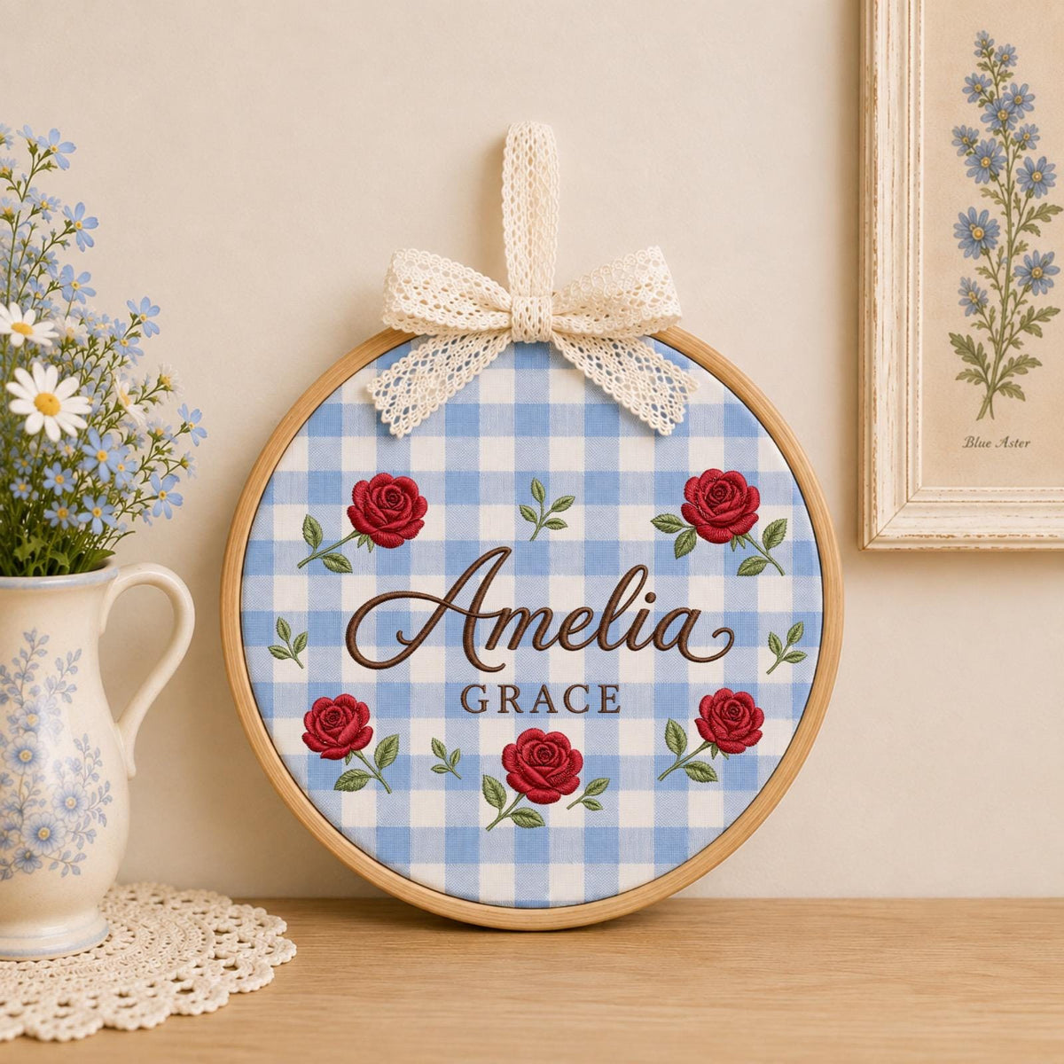 Personalized Rose Name Embroidered Ornament, Custom Floral Baby Name Hoop, Red Rose Nursery Decor, Personalized Girl Keepsake, Baby Shower