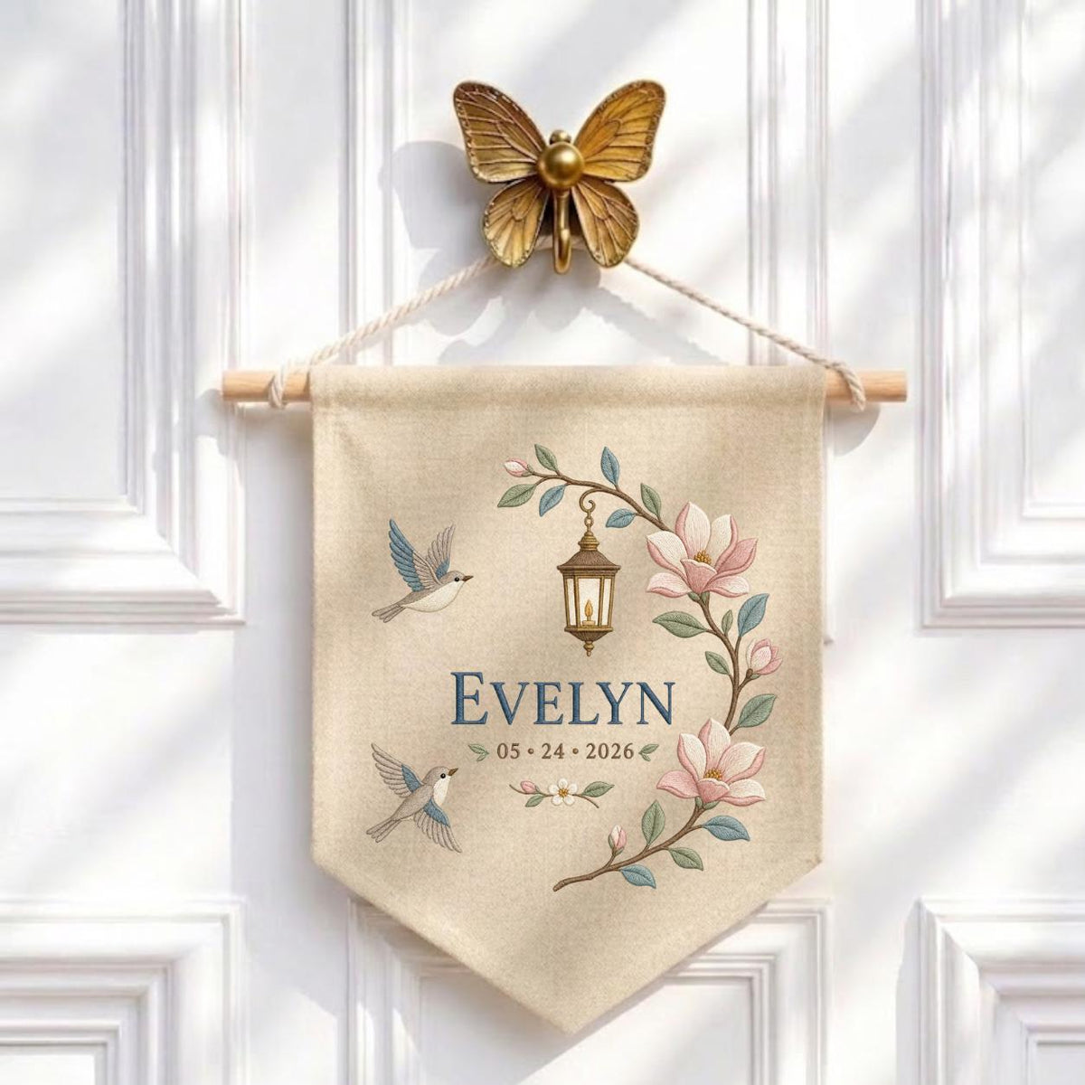 Personalized Hummingbird Wall Hanging, Evelyn Floral Banner, Magnolia and Lantern Embroidery Pennant, Custom Name Date Garden Decor
