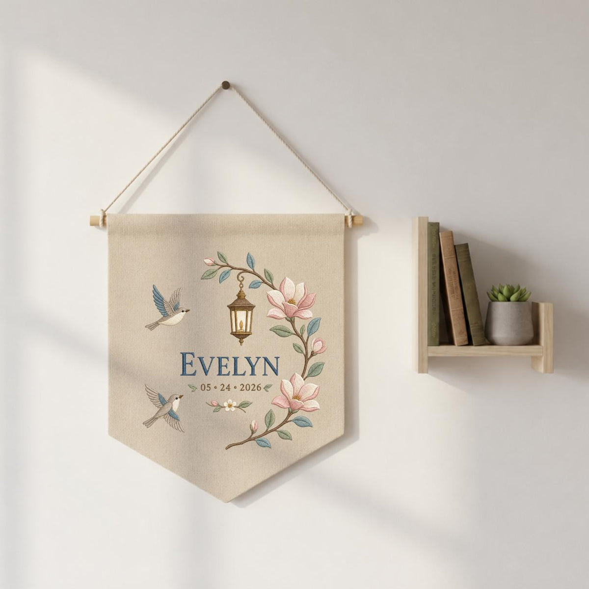 Personalized Hummingbird Wall Hanging, Evelyn Floral Banner, Magnolia and Lantern Embroidery Pennant, Custom Name Date Garden Decor