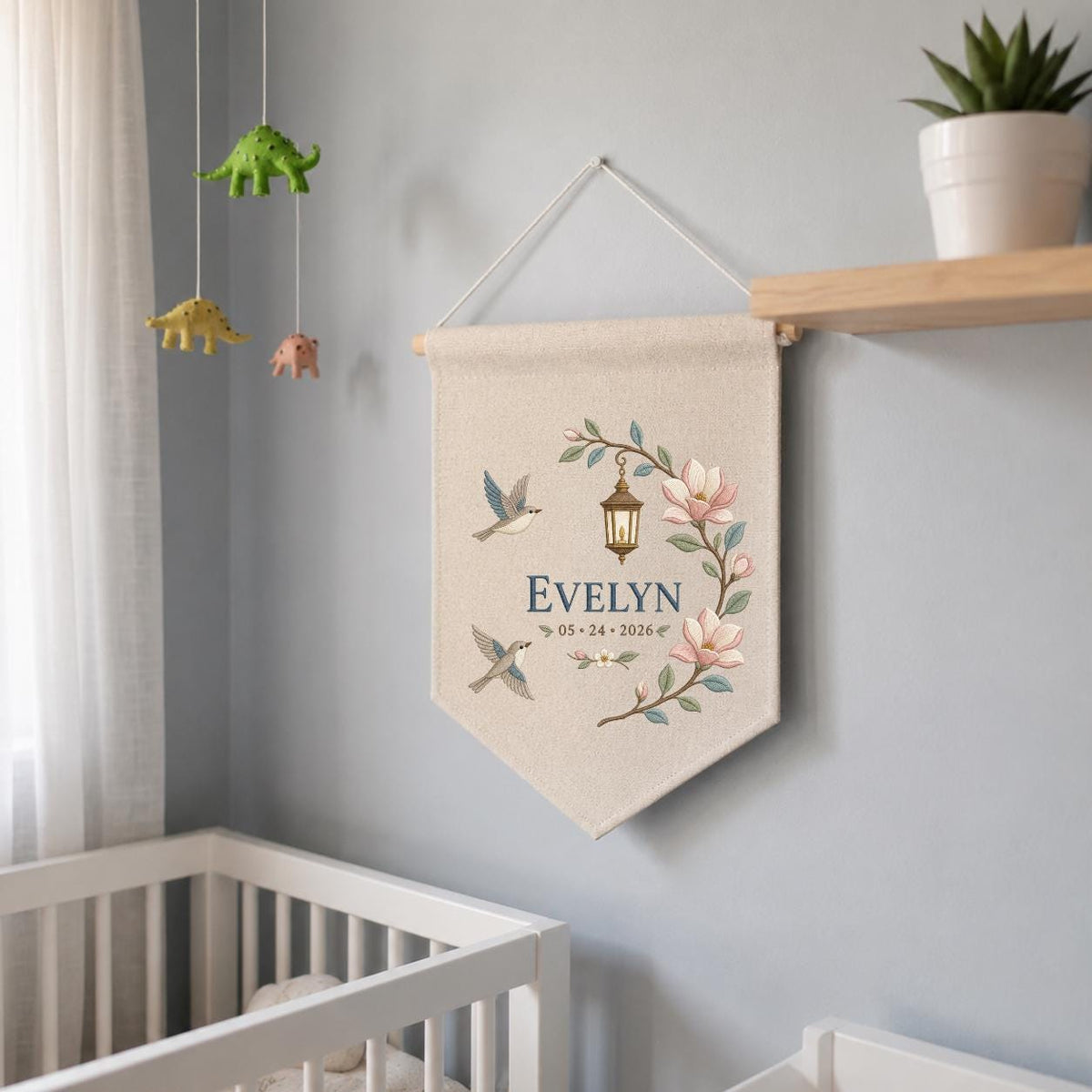 Personalized Hummingbird Wall Hanging, Evelyn Floral Banner, Magnolia and Lantern Embroidery Pennant, Custom Name Date Garden Decor
