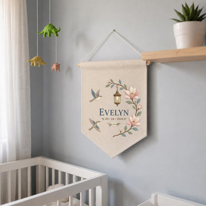 Personalized Hummingbird Wall Hanging, Evelyn Floral Banner, Magnolia and Lantern Embroidery Pennant, Custom Name Date Garden Decor