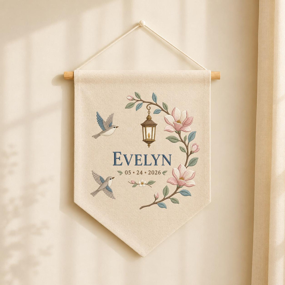 Personalized Hummingbird Wall Hanging, Evelyn Floral Banner, Magnolia and Lantern Embroidery Pennant, Custom Name Date Garden Decor
