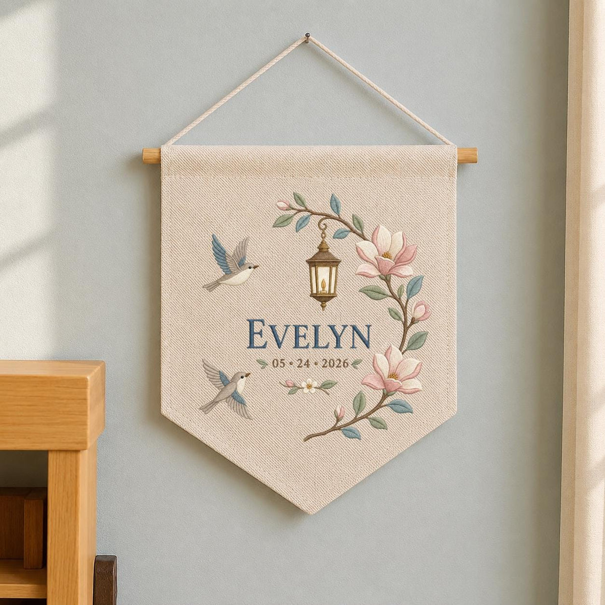Personalized Hummingbird Wall Hanging, Evelyn Floral Banner, Magnolia and Lantern Embroidery Pennant, Custom Name Date Garden Decor