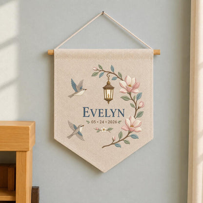 Personalized Hummingbird Wall Hanging, Evelyn Floral Banner, Magnolia and Lantern Embroidery Pennant, Custom Name Date Garden Decor