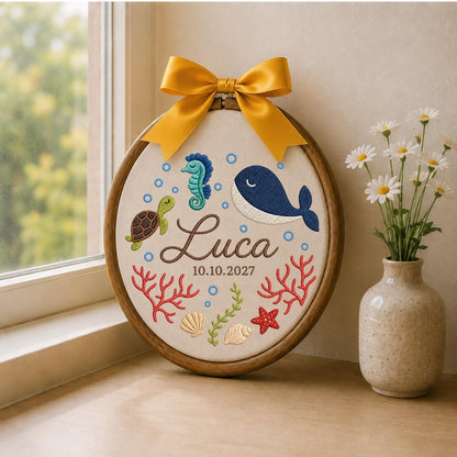 Personalized Ocean Baby Embroidered Ornament, Custom Whale Name Hoop, Under the Sea Nursery Decor, Sea Turtle Baby Keepsake, Newborn Gift