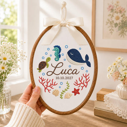 Personalized Ocean Baby Embroidered Ornament, Custom Whale Name Hoop, Under the Sea Nursery Decor, Sea Turtle Baby Keepsake, Newborn Gift