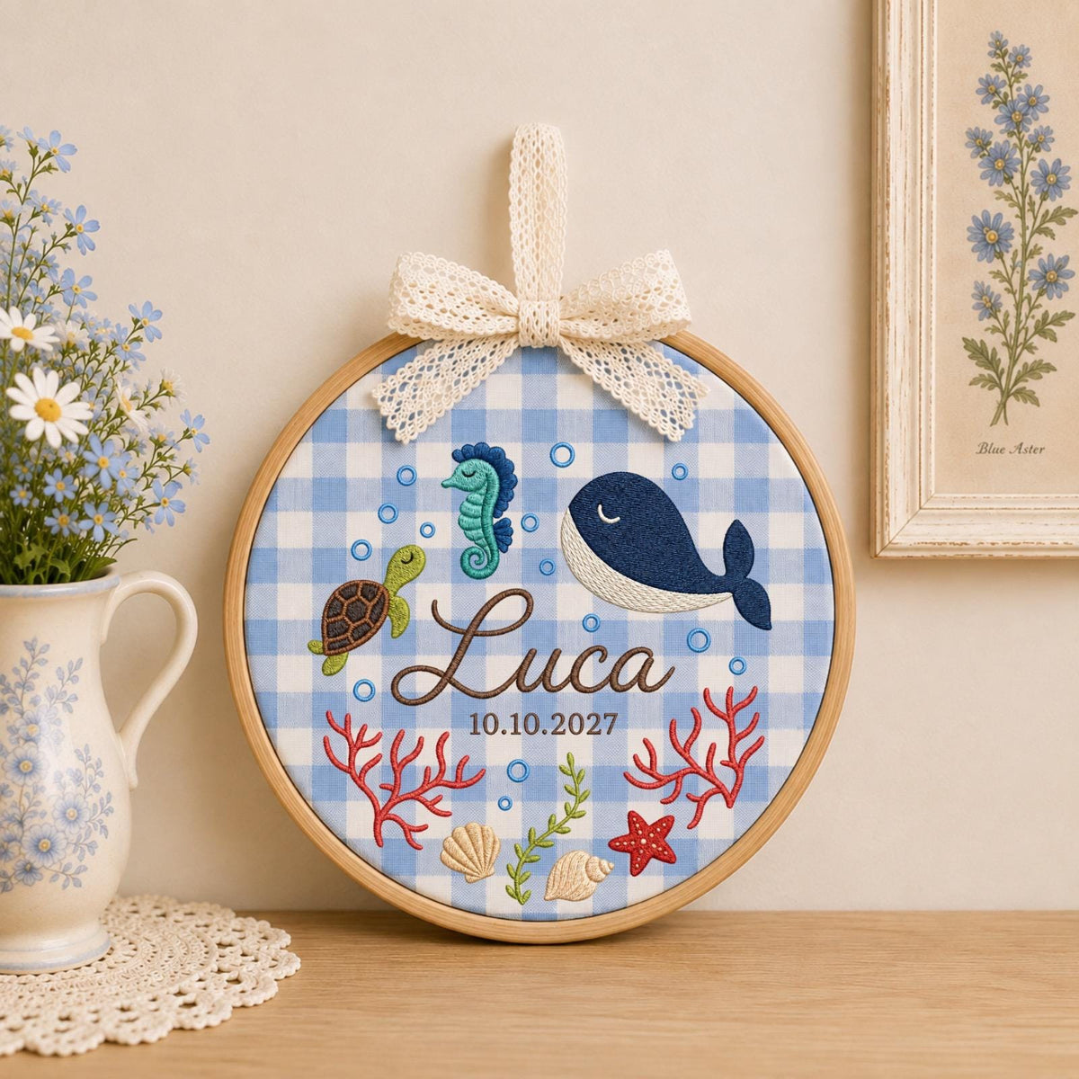 Personalized Ocean Baby Embroidered Ornament, Custom Whale Name Hoop, Under the Sea Nursery Decor, Sea Turtle Baby Keepsake, Newborn Gift