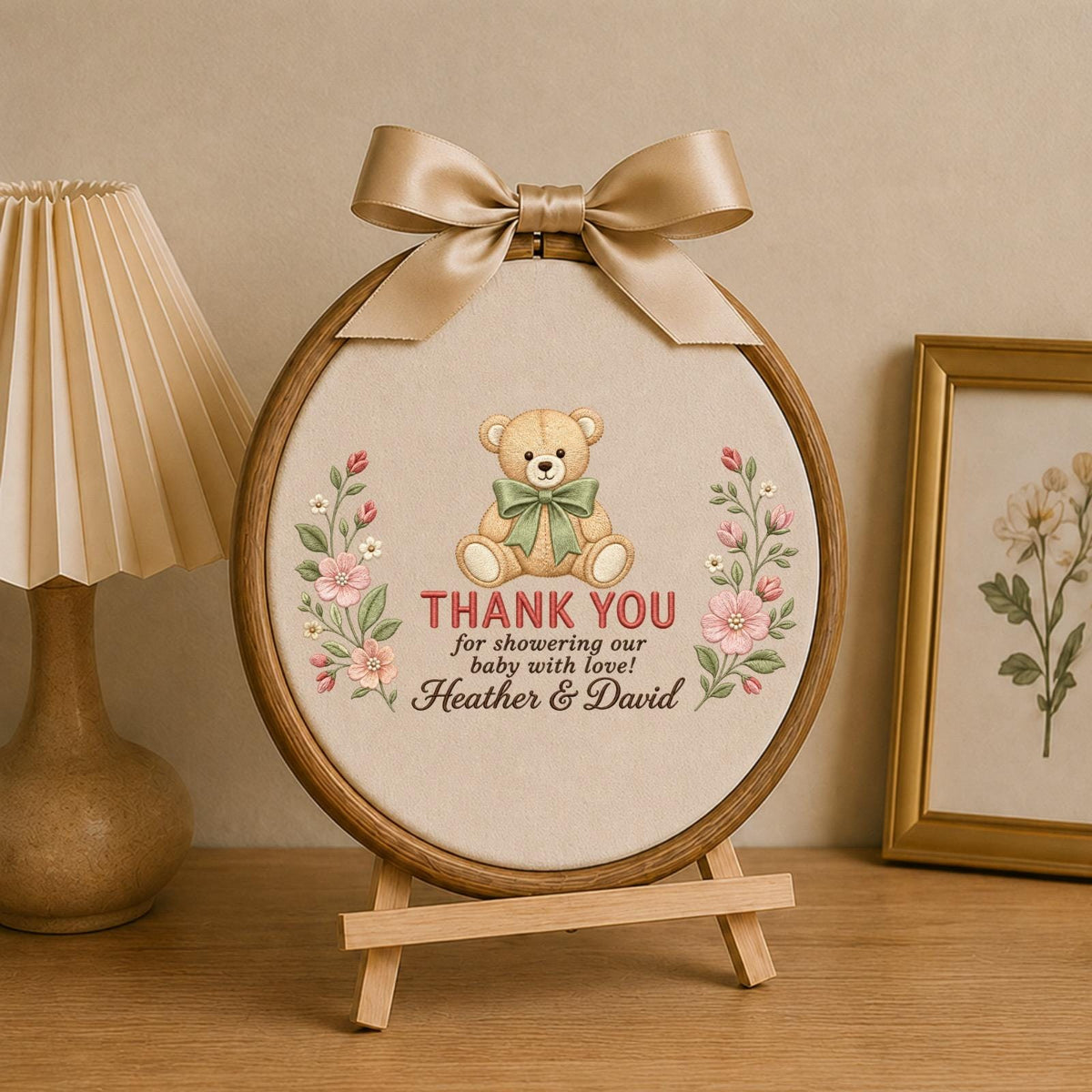 Personalized Baby Shower Thank You Embroidered Ornament, Custom Teddy Bear Floral Hoop, Baby Shower Hostess Gift, New Parents Keepsake