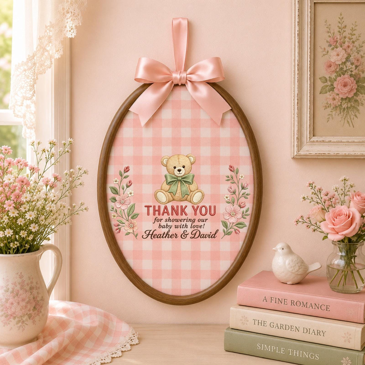Personalized Baby Shower Thank You Embroidered Ornament, Custom Teddy Bear Floral Hoop, Baby Shower Hostess Gift, New Parents Keepsake