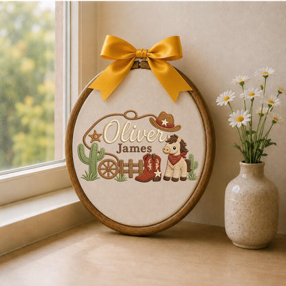Personalized Cowboy Baby Embroidered Ornament, Custom Western Name Hoop, Horse Nursery Decor, Baby Boy Keepsake, Cowboy Baby Gift