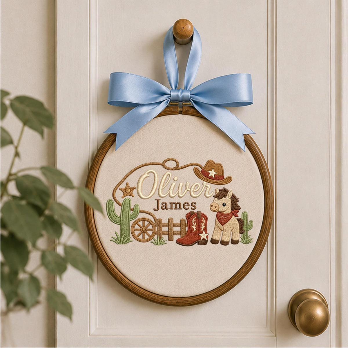 Personalized Cowboy Baby Embroidered Ornament, Custom Western Name Hoop, Horse Nursery Decor, Baby Boy Keepsake, Cowboy Baby Gift